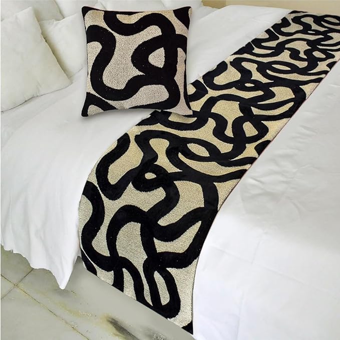 The HomeCentric Black Bed Runner for King/Queen/Twin Cut Velvet Decorative Bed Scarf 53"x18" Bed Runner Without Pillow Cover, Abstract Bed Scarf Bedroom Décor Accent - Noir Scroll