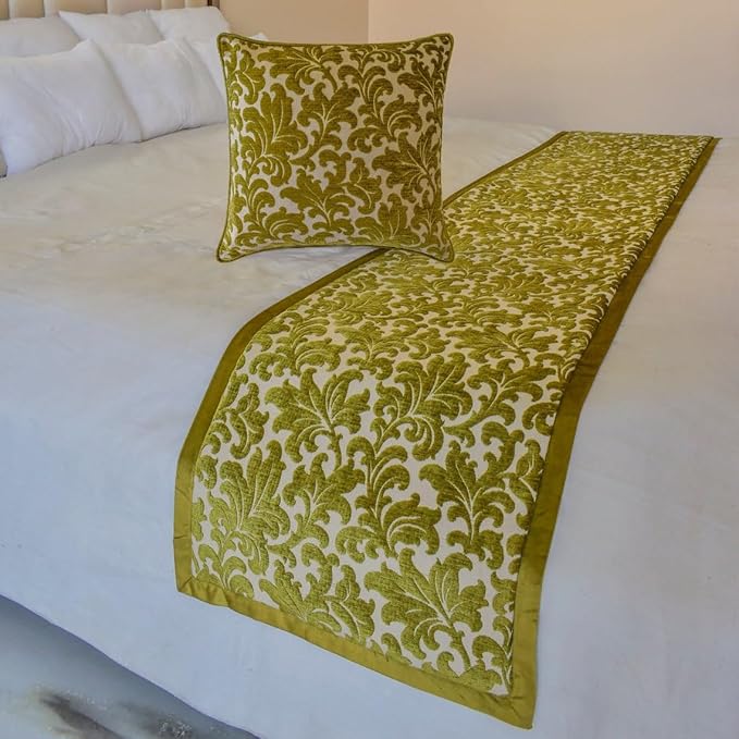 The HomeCentric King/Queen/Twin Chartreuse Designer King 90"x18" Bed Runner with Pillow Cover, Velvet, Floral Pattern Bed Scarf on Velvet Fabric - Enchanted Chartreuse