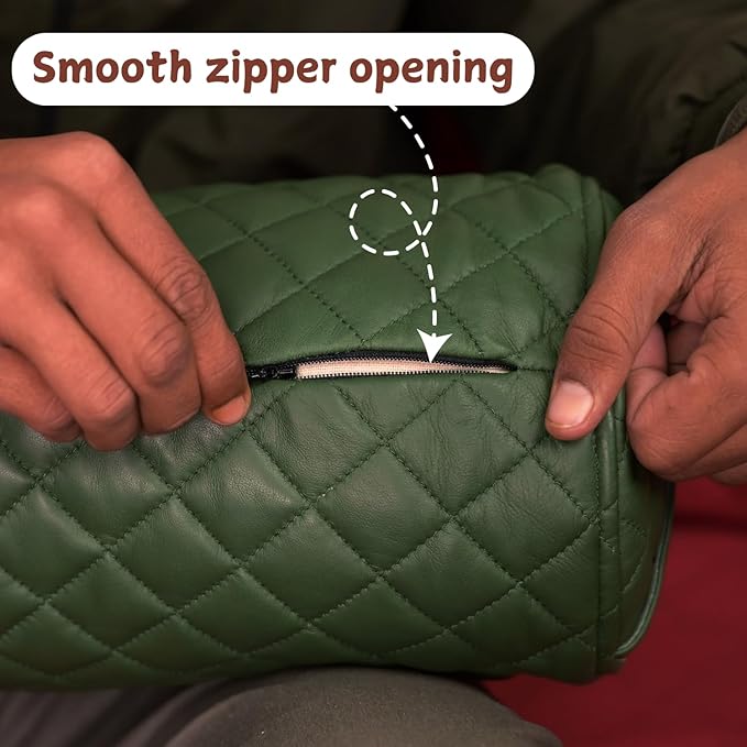 Neck Roll Pillow Cushion Cover, 16x7 Inch Full Moon Round Bolster Pillow Case, Cylinder Soft Lambskin Leather Pillowcase for Head, Spine & Neck Support During Sleep - Quilted Dark Green Pack of 2