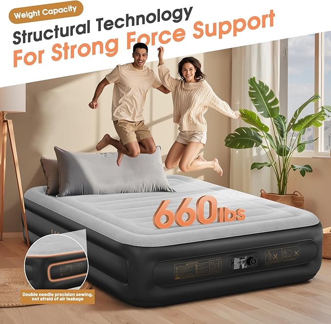Air Mattress Queen with Built in Pump,18'' Inflatable Mattress 2 Mins Self-Inflation/Deflation,Thicker Blow up Mattress Leak-Proof,Flocked Top Air Bed with Storage Bag for Home, Camping & Guests