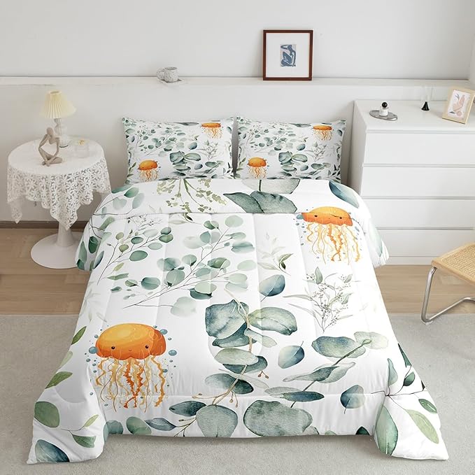 Erosebridal Kawaii Jellyfish Full Size Comforter Set for Boys Girls Cartoon Animal Bedding Set, Eucalyptus Leaves Down Comforter Ocean Wildlife Bed Set, Tropical Botanical Plants Quilted Duvet