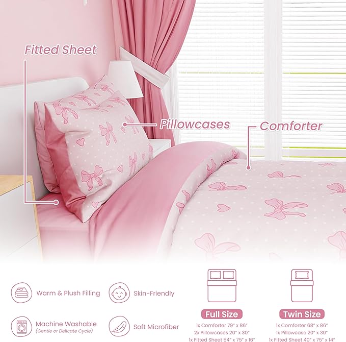 SANDJEST Bow Comforter Set Full Size 98x86in for Kids Girls, Microfiber 4 Pcs Bedding Set Includes 1 Comforter, 2 Pillowcases, 1 Fitted Sheet, Nursery Room Decor