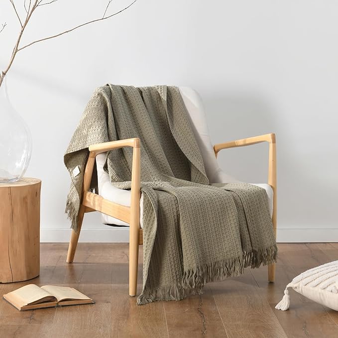 100% Cotton Waffle Blanket with Fringe, Pre-Washed Waffle Weave Blanket for All Season, Lightweight Breathable Soft Cozy Throw Blanket for Couch, Bed, Travel (Sage Green - 50x60 Inches)