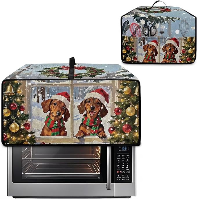 Convection Oven Dust Cover with Storage Pockets, Protective Smart Oven Cover for Kitchen Countertop for Christmas Holiday Party, L, 18.5 x 22.5 x 13 Inches, Dachshund Dog Christmas Tree