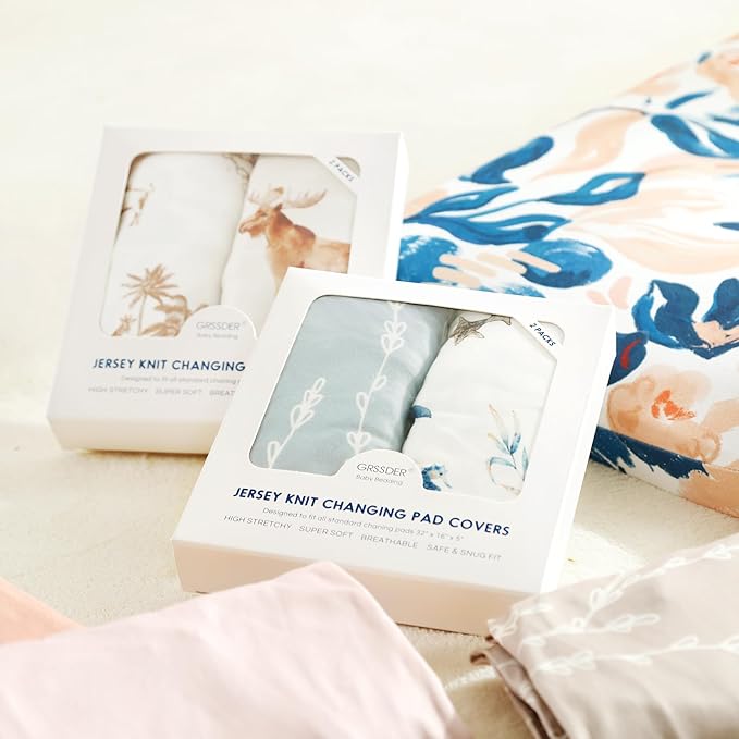 GRSSDER Stretch Ultra Soft Jersey Knit Changing Pad Cover Set 2 Pack, Change Table Pad Covers Fit 32"/34" x 16" Pads Safe and Snug, Sea Fish Print for Girls and Boys