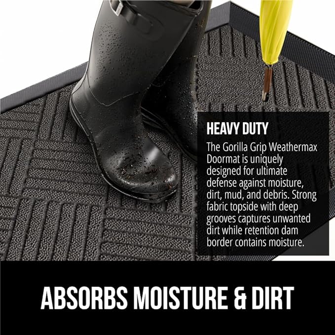 GORILLA GRIP 100% Waterproof All-Season WeatherMax Doormat US Designed Natural Rubber, Stain Fade Resistant, Low Profile Indoor Outdoor Door Mats, Easy Clean, 17x29 Gray Diamond
