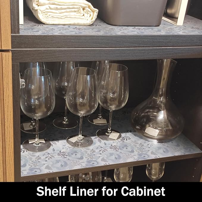 Blue Peony Shelf and Drawer Liner for Kitchen,Non-Adhesive and Strong Non-Slip Floral Cabinet Drawer Liners for Kitchen Shelf, Waterproof Cupboard Liners,Easy to Clean,12IN x 10FT