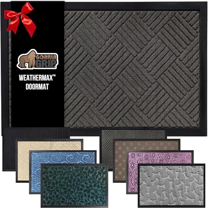 GORILLA GRIP 100% Waterproof All-Season WeatherMax Doormat US Designed Natural Rubber, Stain Fade Resistant, Low Profile Indoor Outdoor Door Mats, Easy Clean, 17x29 Gray Diamond