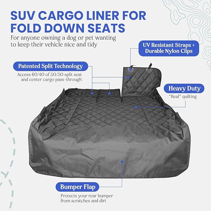 4Knines Split Cargo Liner for SUV – for Dogs & Pets, Heavy-Duty, Waterproof Trunk Mat & Cargo Cover – Fits 60/40 Split Bench & Armrest Pass-Through – Machine Washable, Non-Slip, Durable (Small, Grey)