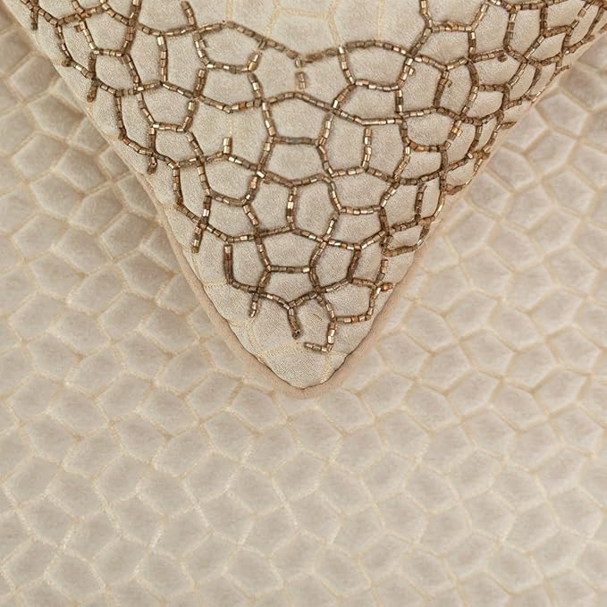 The HomeCentric King/Queen/Twin Ivory & Gold Decorative King 90"x18" Bed Runner with 2 Pillow Cover, Mosaic & Beaded Bed Scarf on Jacquard Fabric - Tessellation