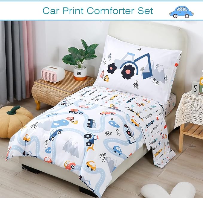 PERFEMET 5-Piece Kids Comforter Full Size Set Reversible Trucks Cars Bedding Comforter Set for Boys Girls Ultra Soft Lightweight Blue White Boy Bed in a Bag for All Season(Cars, Full)