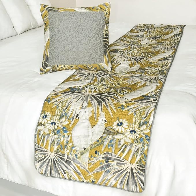The HomeCentric King/Queen/Twin Grey & Yellow Decorative Queen 74"x18" Bed Runner with Pillow Cover, Cockatoo Bird & Quilted Bed Scarf on Cotton Fabric - Cockatoo Love