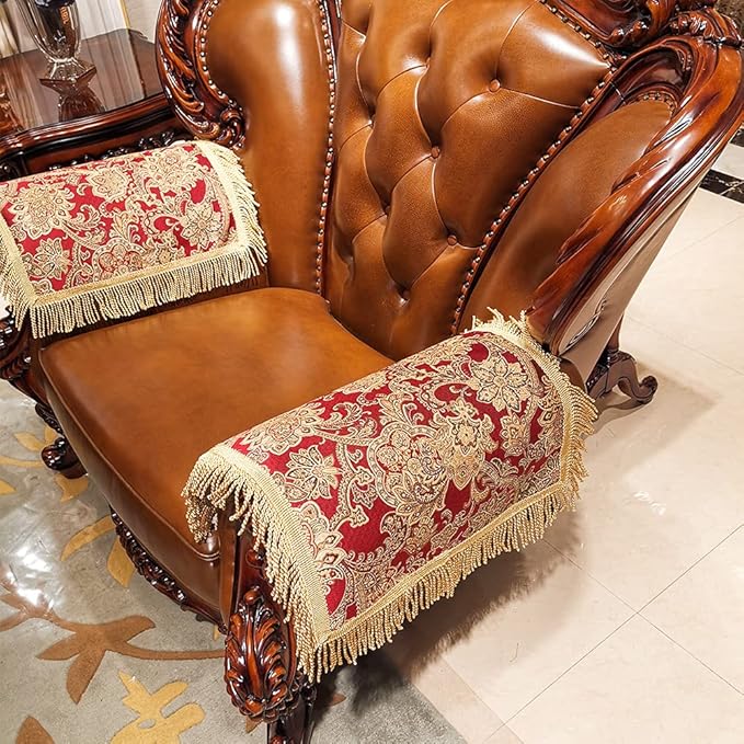 LUFEIJIASHI Luxury Couch Arm Covers, Washable Armrest Protectors for Leather Sofa, Anti-Slip Recliner Chair Arm Covers Set of 2 (SBDB-red)