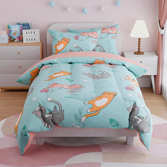 SANDJEST Cat Comforter Set Twin for Girls, Ultra Soft Microfiber Bedding Sets with 3-Pieces, Cats Comforters Bed Sets for Kids Children Girl Bedroom Decor