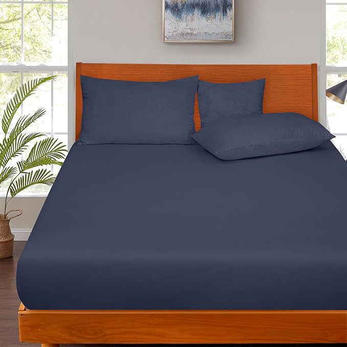 ROYALE LINENS 300 Thread Count 100% Long Staple Combed Cotton Fitted Sheet Queen - Super Soft Deep Pocket Bottom Sheet - Fitted Sheets Only - Elastic Sheets (Queen, Navy)