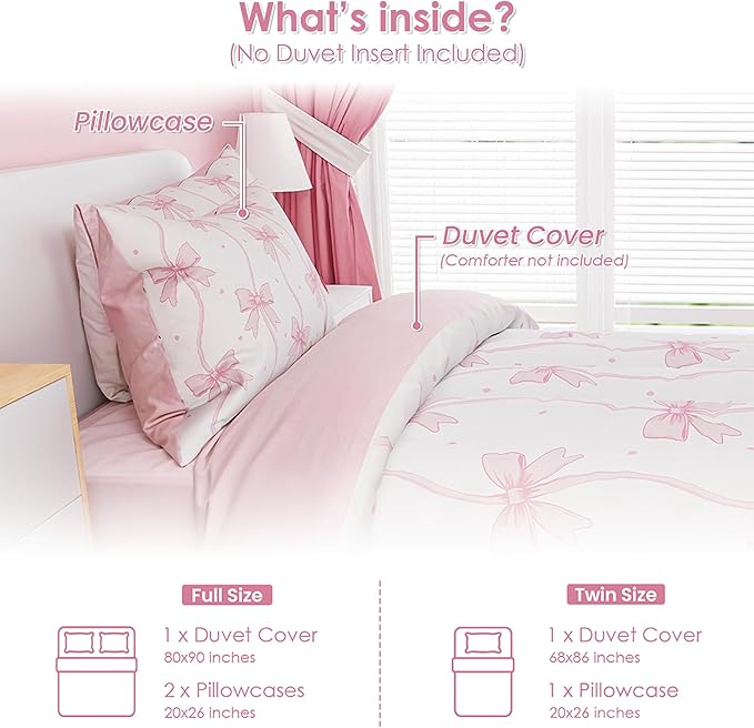 SANDJEST Bow Duvet Cover Sets Full Size for Kids Girls, Incude 1 Polyester Comforter Cover 80x90 Inches and 2 Pillowcases 20x26 Inches, Comforter Not Included, Gift for Christmas Birthday