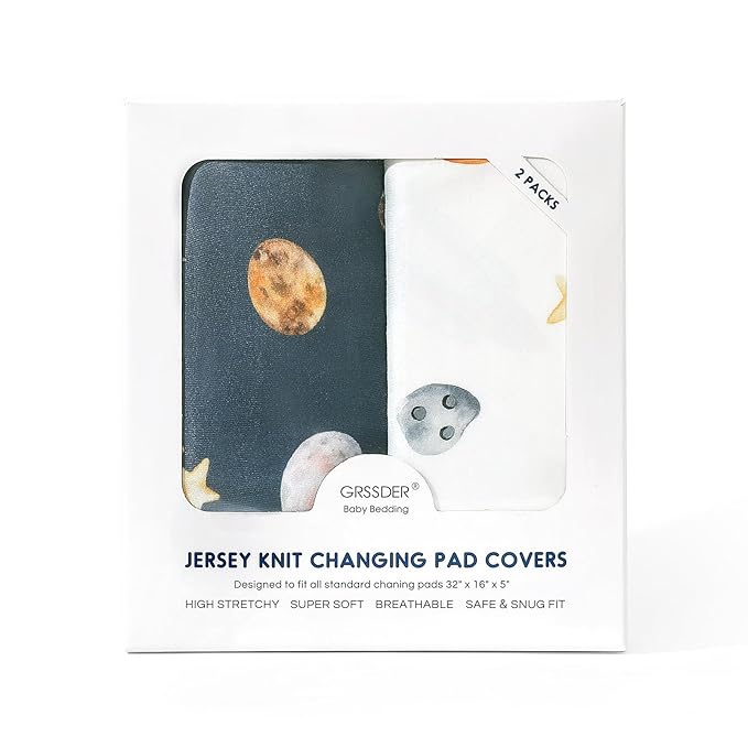 GRSSDER Stretch Ultra Soft Jersey Knit Changing Pad Cover Set 2 Pack, Change Table Pad Covers Fit 32"/34" x 16" Pads Safe and Snug, Space Print for Boys and Girls