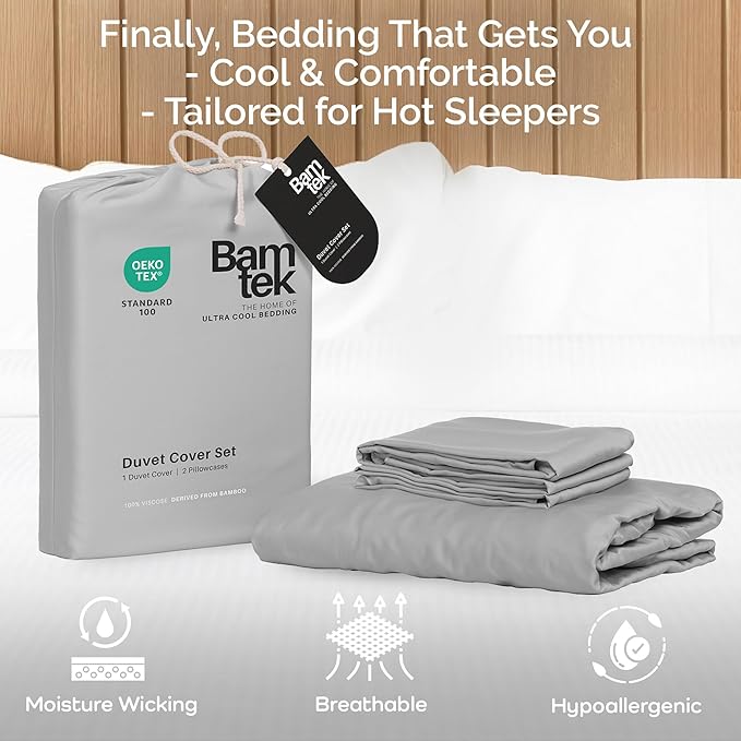 Duvet Cover Set - 100% Viscose Derived from Bamboo Duvet Cover Queen Size, 3 PC Luxury Cooling Duvet Cover for Hot Sleepers, Buttery Soft Comforter Cover & 2 PC Queen Pillowcases, Gray Mist