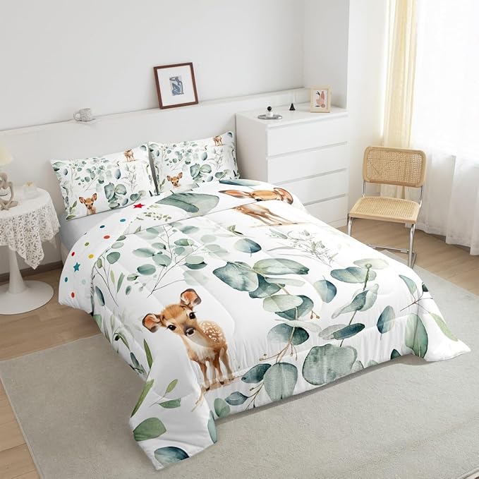 Erosebridal Cartoon Deer King Bedding Sets Toddler Woodland Wildlife Comforter Set, Spring Plant Duvet Insert Eucalyptus Leaf Down Comforter, Jungle Animal Theme Bedding Comforter Sets Kids Room Decor