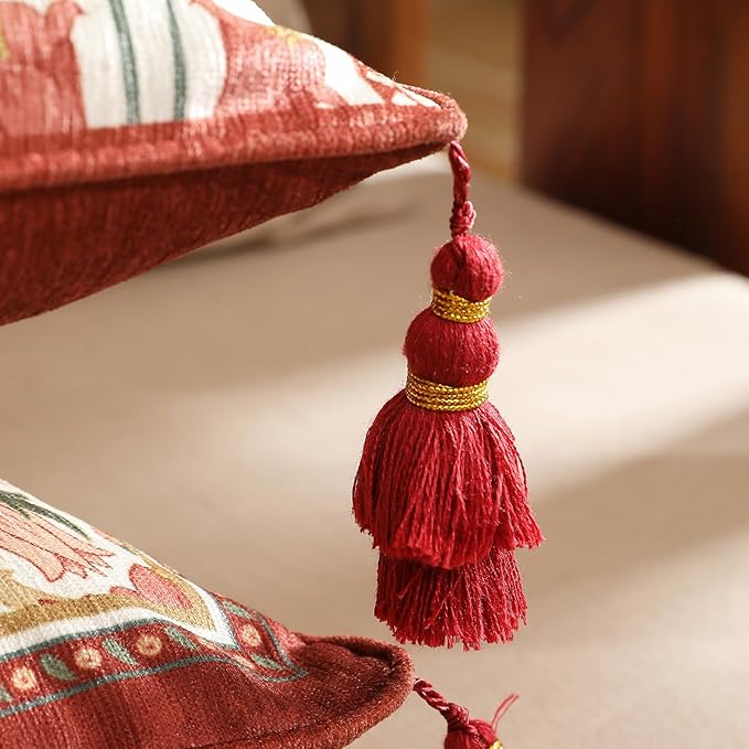 Vintage Square Throw Pillow Covers,Red Cozy Velvet with Leaves and Floral Pattern Pillowcases,Decoration Pillows Cushion Covers for Living Room Couch Sofa Bed Car Chair,18"x18"