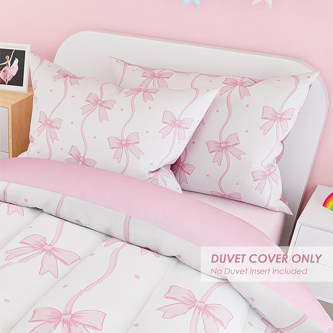 SANDJEST Bow Duvet Cover Sets Full Size for Kids Girls, Incude 1 Polyester Comforter Cover 80x90 Inches and 2 Pillowcases 20x26 Inches, Comforter Not Included, Gift for Christmas Birthday
