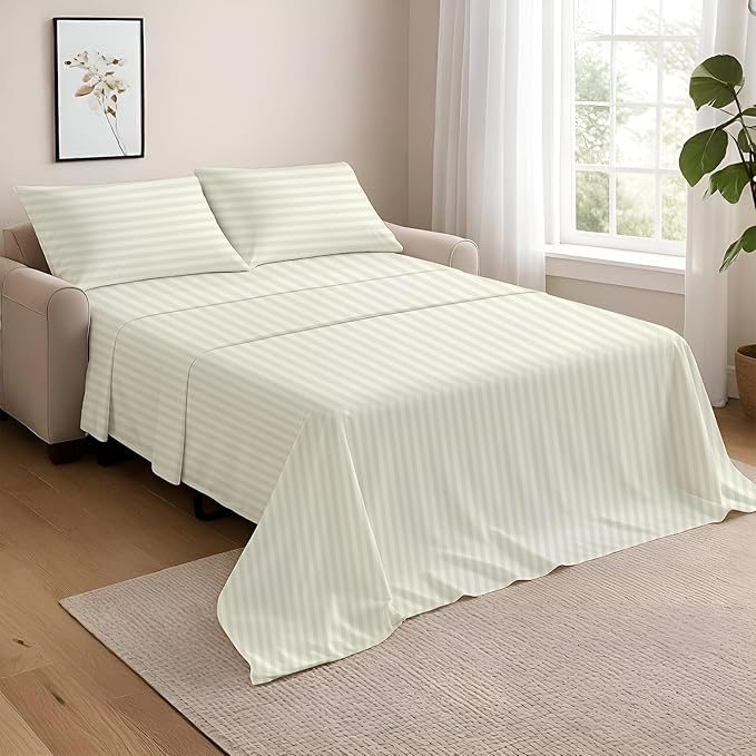 NON Sticky cotton Twin Size Sleeper Sofa Sheets, 4 Piece Egyptian Cotton Bed Sheet Set for Sofa Bed, 6" Deep Pocket Fitted Sheet for Pull Out Couch Mattress, 39" x 75", Ivory Stripe, Soft & Breathable