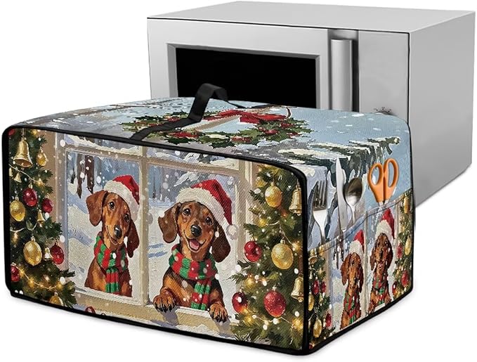 Convection Oven Dust Cover with Storage Pockets, Protective Smart Oven Cover for Kitchen Countertop for Christmas Holiday Party, L, 18.5 x 22.5 x 13 Inches, Dachshund Dog Christmas Tree