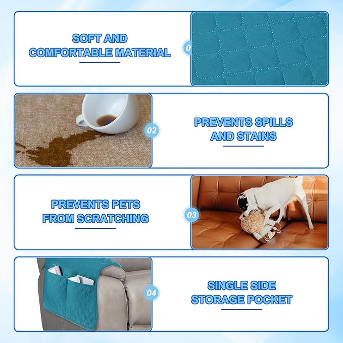 uxcell 3 PCS Armrest Covers, Couch Arm Cover Furniture Protect Slide Recliner Chair Armchair Covers with Side Storage Pocket for Sofa Recliner, Lake Blue