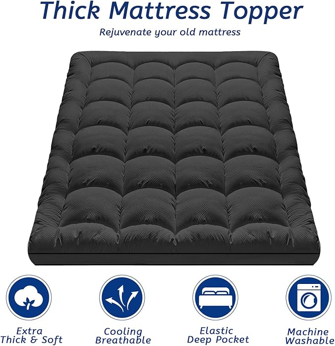 Queen Size Mattress Topper for Back Pain, Cooling Extra Thick Mattress Pad Cover with 8-21 inch Deep Pocket, Plush Pillow Top Mattress Topper Overfilled with Down Alternative, Queen Size, Black