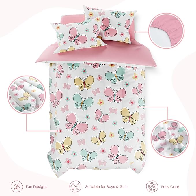 SANDJEST Butterfly Twin Bedding Sets for Girls, Ultra Soft Microfiber Comforter Set with 3-Pieces, Bed Sets for Kid Tween Teen Bedroom Decor