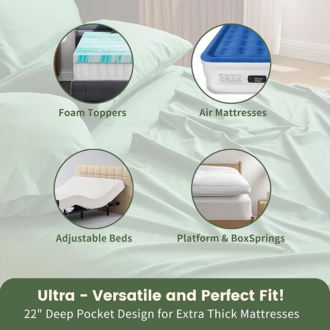 100% Linen Sheet Set Cal King Size Extra Deep Pocket Fits 18-24 Inch Mattress, Breathable & Soft, Smooth 6-Piece Set for Thick Mattresses Hotel Luxury Bedding（Cal King, Sage Green）