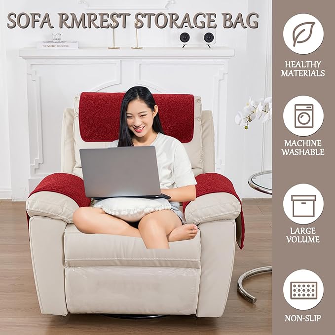 Armrest Cover, Recliner Chair Protector, Furniture Protector Slip, Side Storage Pocket, Stretch Armchair Couch Arm Rest Cover for Recliner, Chair, Sofa (Wine Red,3 Seater(5pcs))