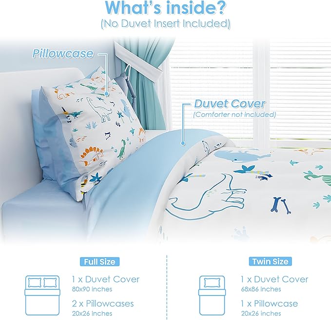 SANDJEST Dinosaur Duvet Cover Sets Full Size for Kids Boys, Incude 1 Polyester Comforter Cover 80x90 Inches and 2 Pillowcases 20x26 Inches, Comforter Not Included, Gift for Christmas Birthday