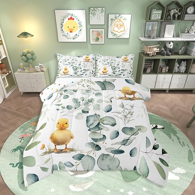 Erosebridal Kids Cute Animal King Comforter Set for Girls Boys Cartoon Duck Bedding Set King, Spring Eucalyptus Bedding Comforter Sets Watercolor Leaves Duvet Set, Kawaii Farm Animal Quilted Comforter