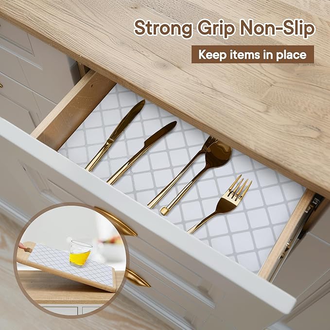 Shelf and Drawer Liner for Kitchen Cabinets Non-Adhesive, Strong Grip Non-Slip Thickened Cabinet Liners for Shelves, Waterproof Mats for Dresser Cupboard, Silver Stripe, 12 in x 10 Feet