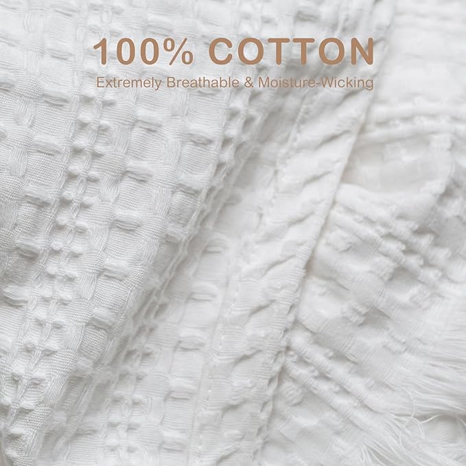 100% Cotton Waffle Blanket with Fringe, Pre-Washed Waffle Weave Blanket for All Season, Lightweight Breathable Soft Cozy Throw Blanket for Couch, Bed, Travel (White - 66x90 Inches)