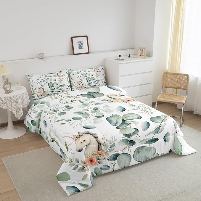 Erosebridal Kids Cute Animal Bedding Full Size for Girls Boys Cartoon Unicorn Comforter Set Full, Spring Eucalyptus Duvet Insert Floral Quilt Comforter, Kawaii Magical Animal Bedding Comforters & Sets