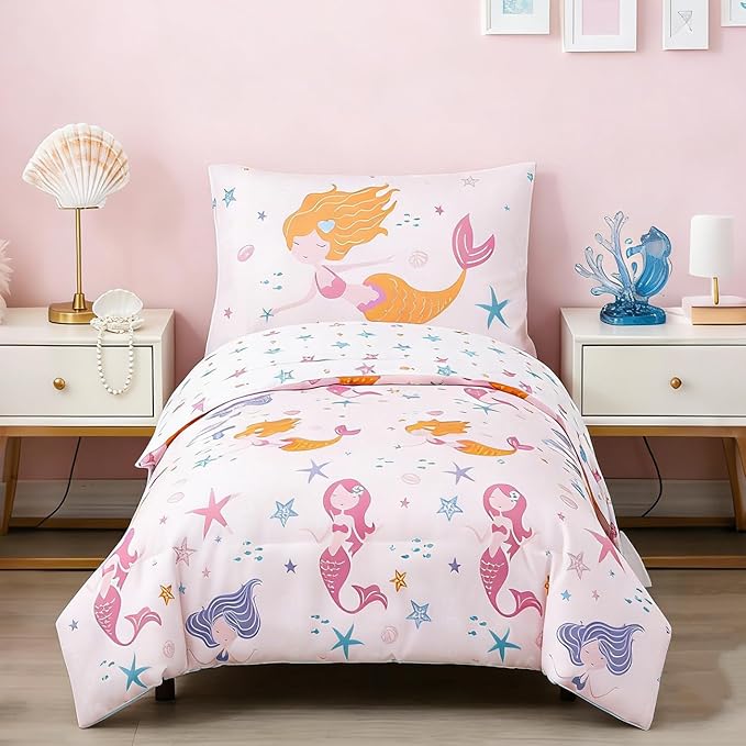 PERFEMET Toddler Bedding Sets Girls 4 Pieces Pink Mermaid Toddler Bed in A Bag Soft Reversible Blush Toddler Bed Set Include Comforter, Flat Sheet, Fitted Sheet, Pillowcase