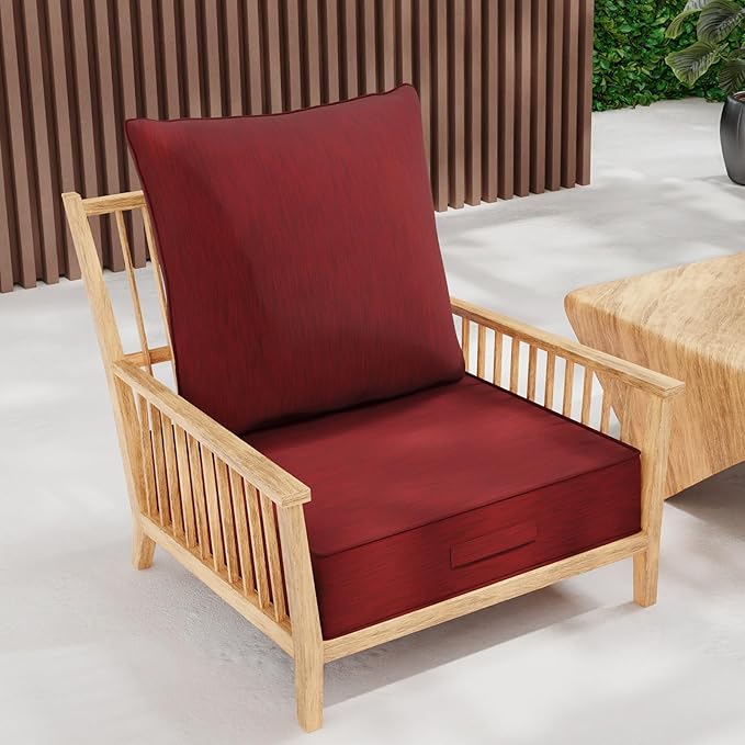 Outdoor 24''x 24''x 6'' Olefin Water-Resistant Deep Seat Cushion Set, Weather and Fade Resistant Patio Furniture Seat Cushion, Thickened Sofa Chair Pad with Straps for Lawn, Garden, Red