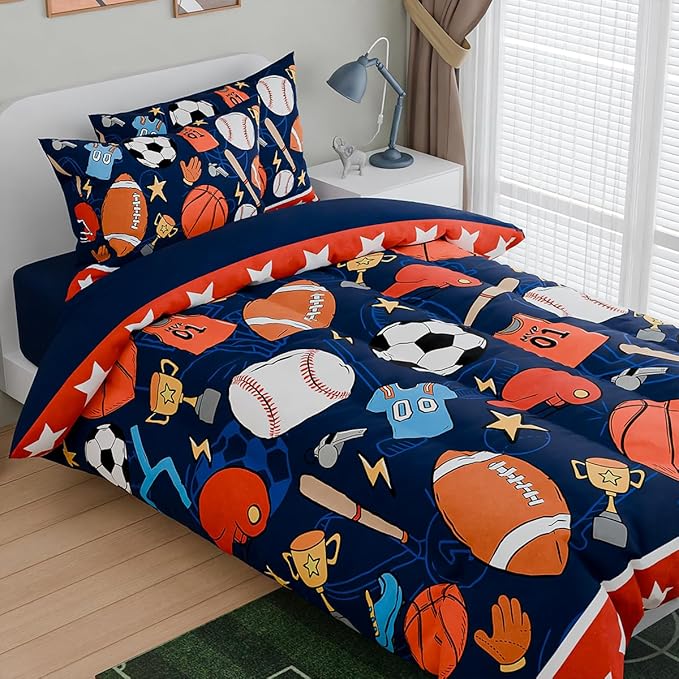 SANDJEST Sports Bedding Sets for Boys, Ultra Soft Microfiber Comforter Bed Set with 3-Pieces, Comforters Sets for Kids Children Boy Bedroom Decor