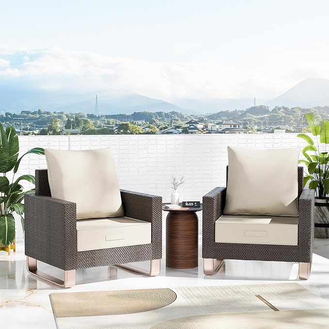 Outdoor Olefin Water-Resistant Deep Seat Cushion Set, 24''x24''x6'' Weather and Fade Resistant Patio Furniture Seat Cushion, Thickened Sofa Chair Pad with Straps for Lawn, Garden, Gray Apricot