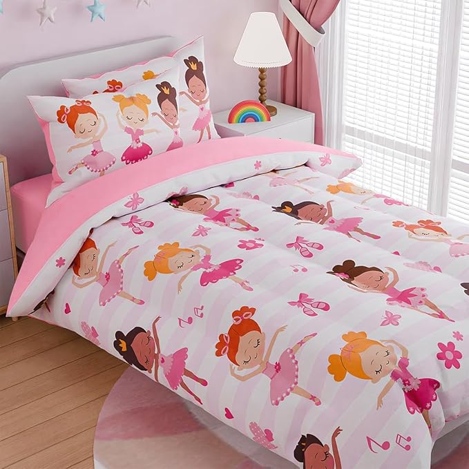 SANDJEST Ballet Full Bedding Sets for Girls, Ultra Soft Microfiber Comforter Set with 4-Pieces, Comforters Kids Bed Set for Children Teen Tween Bedroom Decor