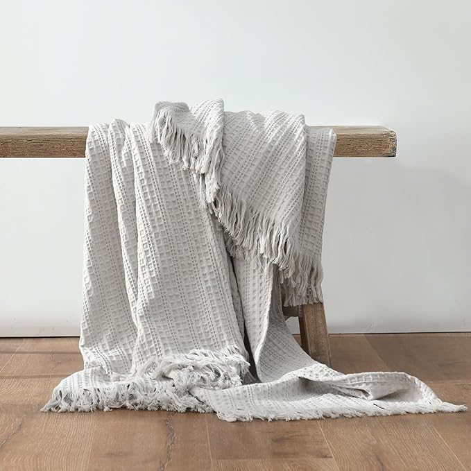 100% Cotton Waffle King Blanket with Fringe 104"x90", Pre-Washed Waffle Weave Blanket for All Season, Lightweight Breathable Soft Cozy Throw Blanket for Couch, Bed, Travel (Light Grey)