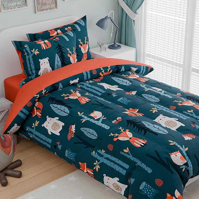 Woodland Animal Kids Bedding Set for Boys, Ultra Soft Microfiber Comforter Set Twin Size 3-Pieces, Comforters Bed Sets for Kid Tween Teen Bedroom Decor