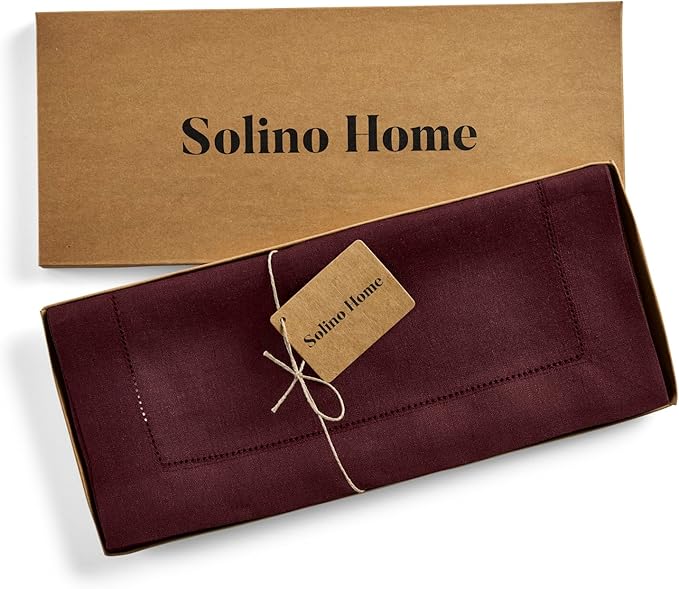 Solino Home Linen Table Runner 60 Inches - 100% Pure Linen Burgundy Hemstitch Table Runner 14 x 60 Inch Ideal for Dresser and Coffee Tables - Christmas, New Year, Winter - Classic Hemstitch
