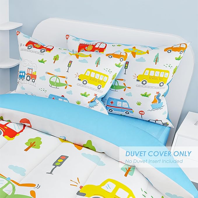 SANDJEST Transportation Duvet Cover Sets Twin Size for Kids Boys, Include 1 Polyester Comforter Cover 68x86 Inches and 1 Pillowcase 20x26 Inches, Comforter Not Included, Gift for Christmas Birthday