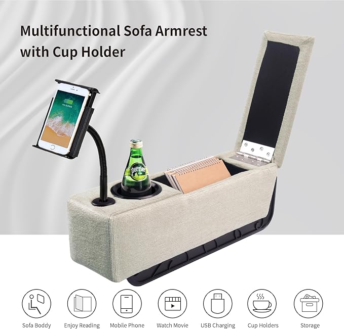 Multifunctional Removable Sofa Armrest with Cup Holder, Couch Armrest with Wireless Charge Stand, Couch Caddy with Storage,Equipped with LED Reading Light, Almond