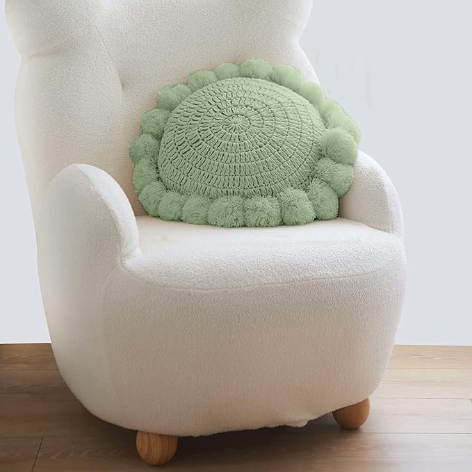 Boho Round Throw Pillow with Cute Handmade Pom Poms Tassels 18 Inch, Decorative Circular Knitted Crochet Cushion for Couch, Sofa, Chair, Bed, Sage Green