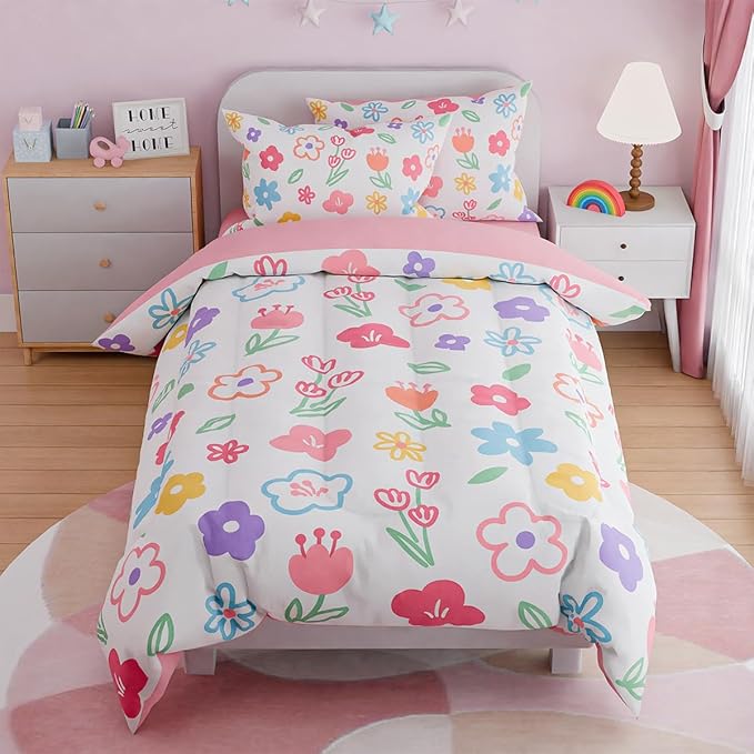 SANDJEST Floral Full Bedding Sets for Girl, Ultra Soft Microfiber Comforter Bed Set with 4-Pieces, Flower Comforters Sets for Kids Children Girl Teen Tween Bedroom Decor