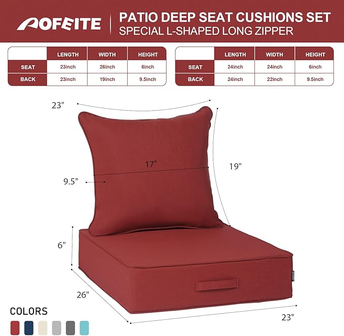 Outdoor Olefin Water-Resistant Deep Seat Cushion Set, 2PCS Weather and Fade Resistant 23''x 26''x 6'' Patio Furniture Seat Cushion, Thickened Sofa Chair Pad for Lawn, Garden, Red